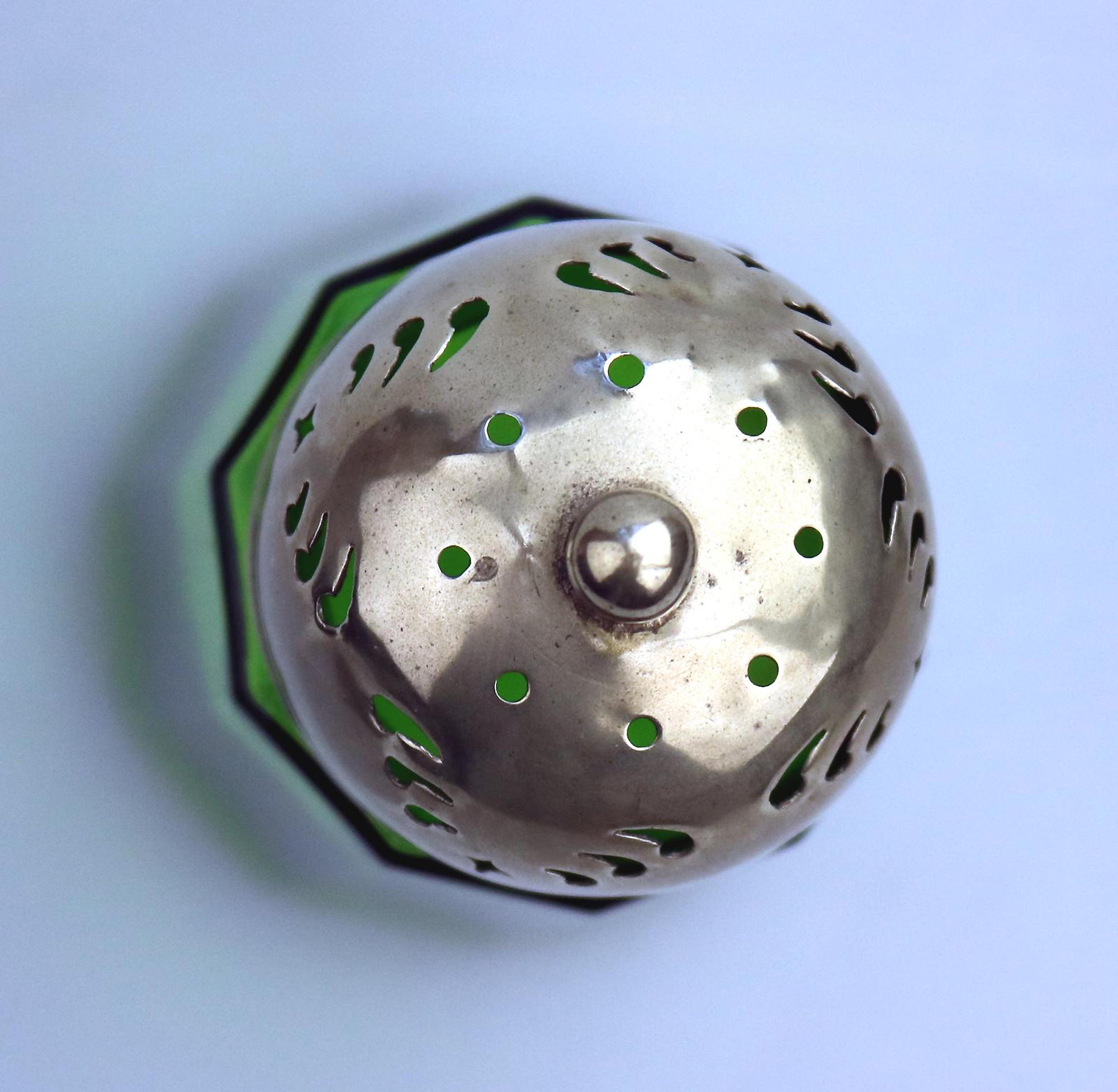 An antique coloured Bristol green glass Muffineer Sugar Shaker Caster C.19thC