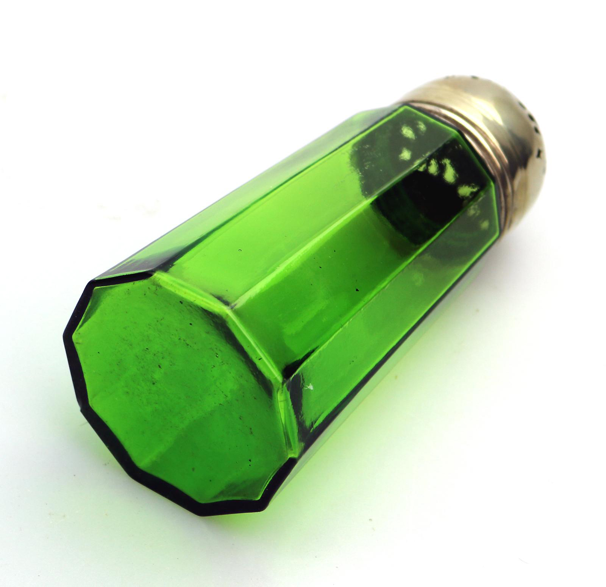 An antique coloured Bristol green glass Muffineer Sugar Shaker Caster C.19thC