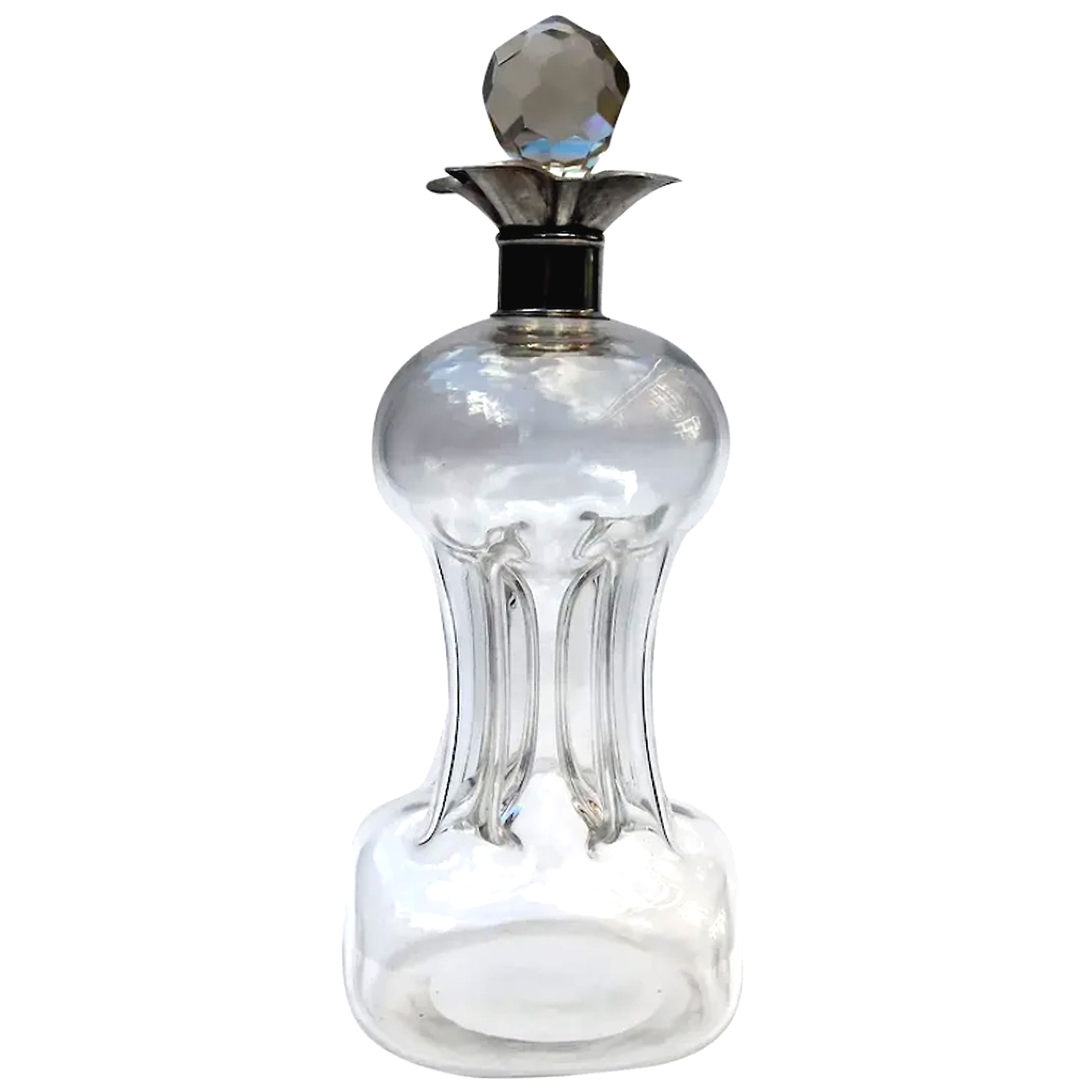A large Art & Crafts Nouveau Glass & Solid Silver Kluk Kluk Glug Glug Decanter C.1911
