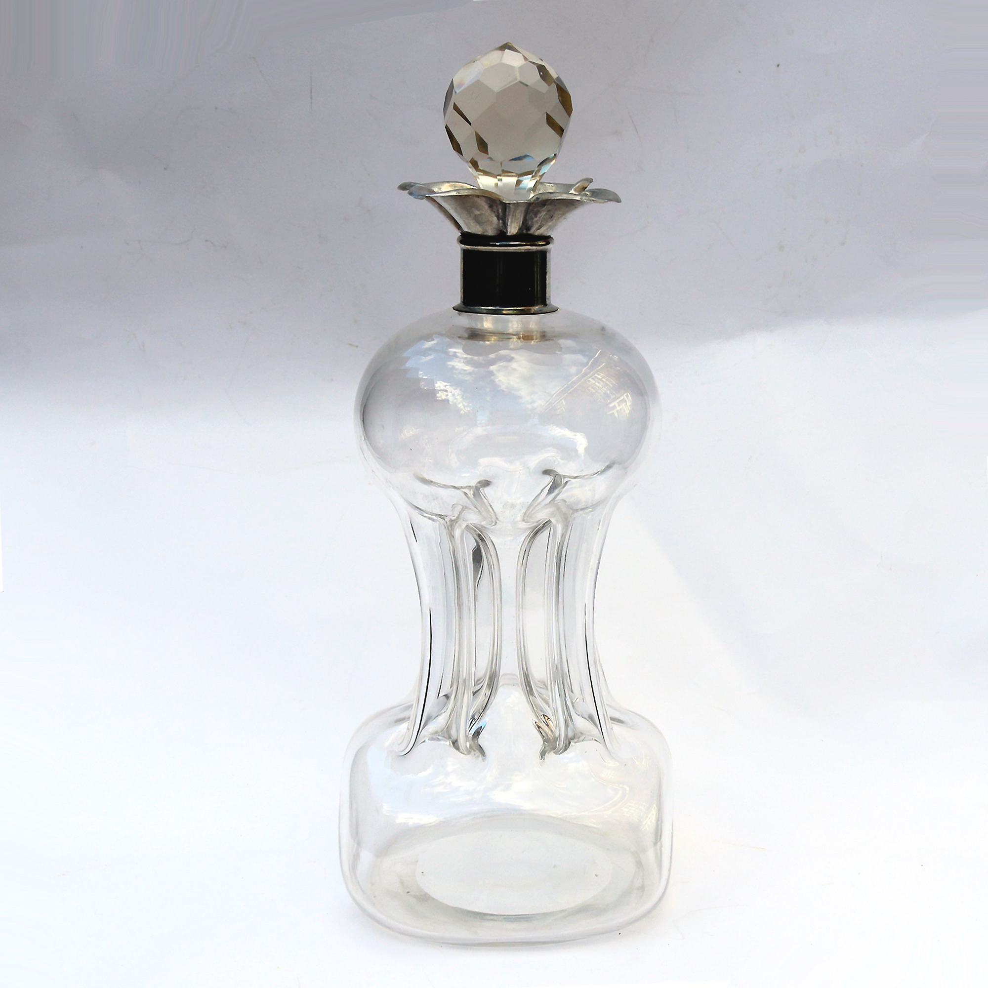 A large Art & Crafts Nouveau Glass & Solid Silver Kluk Kluk Glug Glug Decanter C.1911