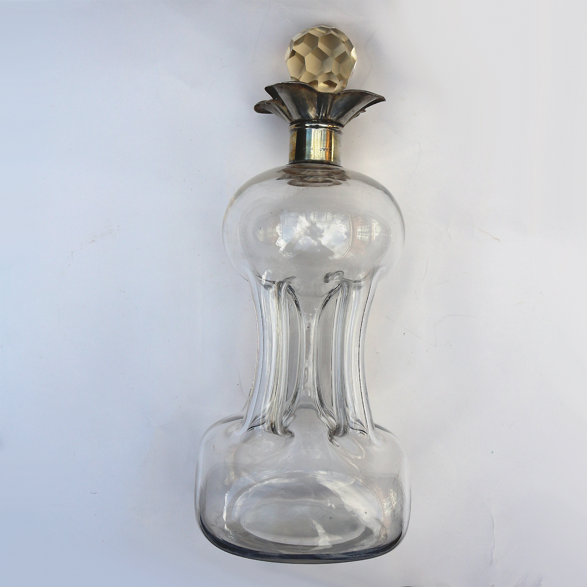 A large Art & Crafts Nouveau Glass & Solid Silver Kluk Kluk Glug Glug Decanter C.1911