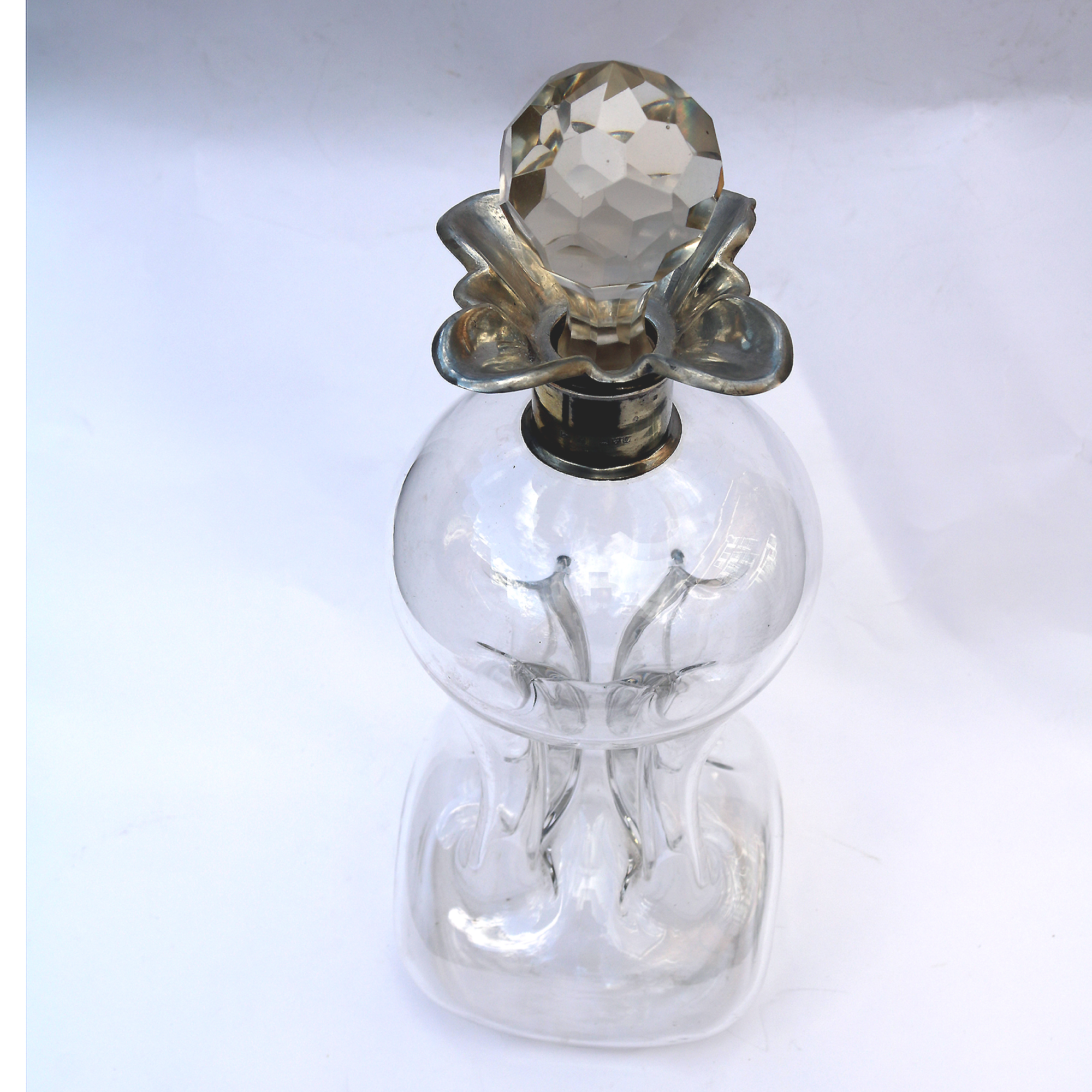 A large Art & Crafts Nouveau Glass & Solid Silver Kluk Kluk Glug Glug Decanter C.1911