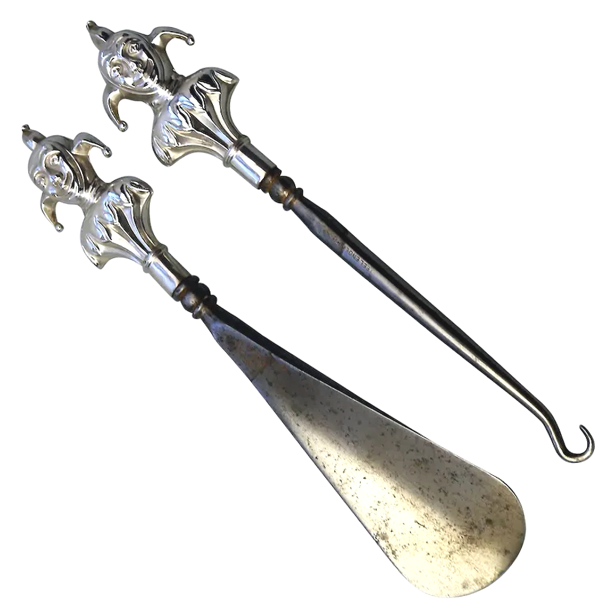 A pair antique English solid silver novelty Jester Button Hook & Shoe Horn C.1909