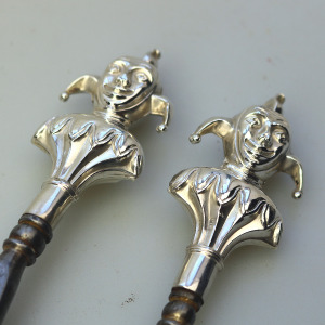 A pair antique English solid silver novelty Jester Button Hook & Shoe Horn C.1909