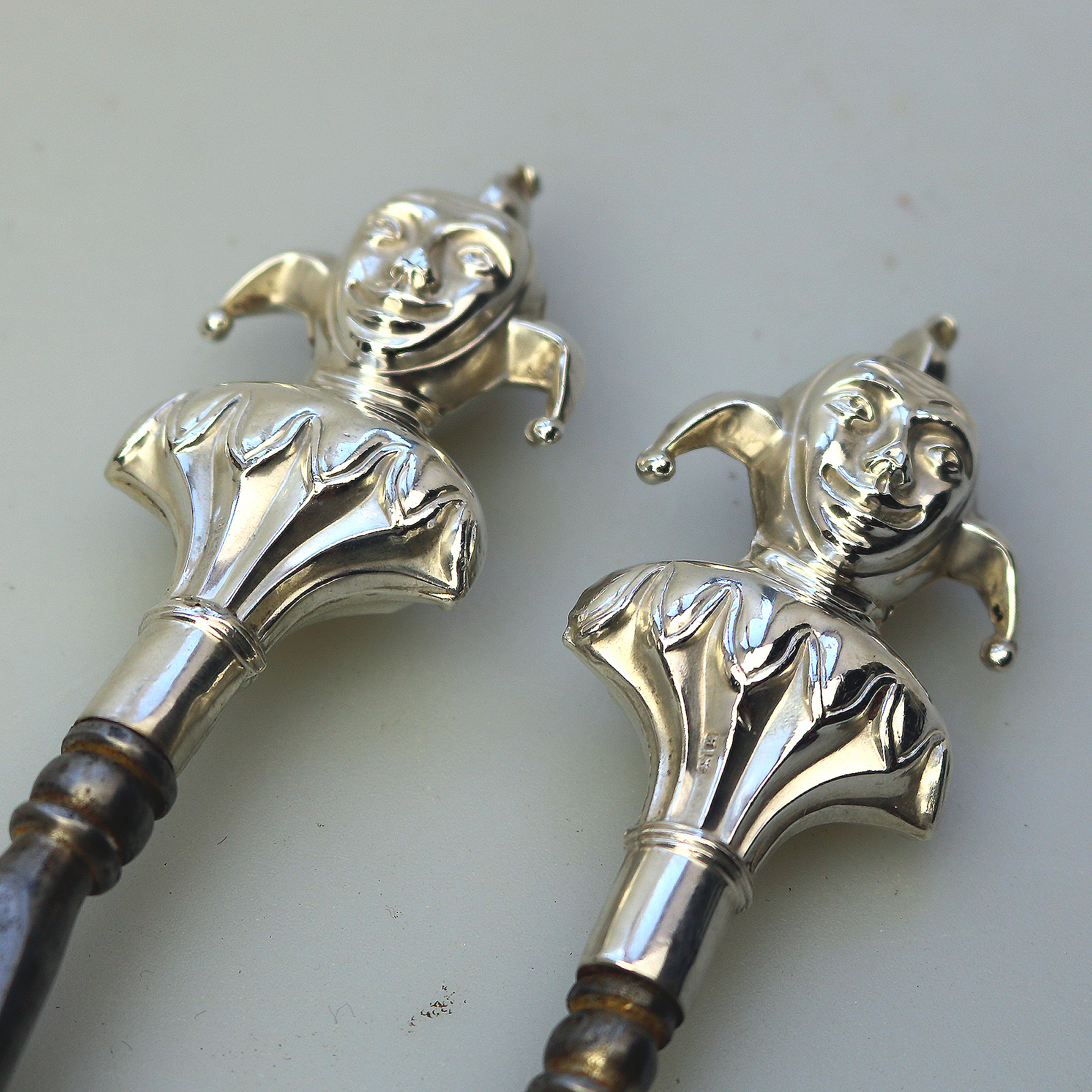 A pair antique English solid silver novelty Jester Button Hook & Shoe Horn C.1909