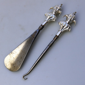 A pair antique English solid silver novelty Jester Button Hook & Shoe Horn C.1909
