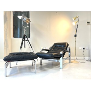 Knoll / Selig, Leather & Chrome Reclining Lounge Chair & Stool