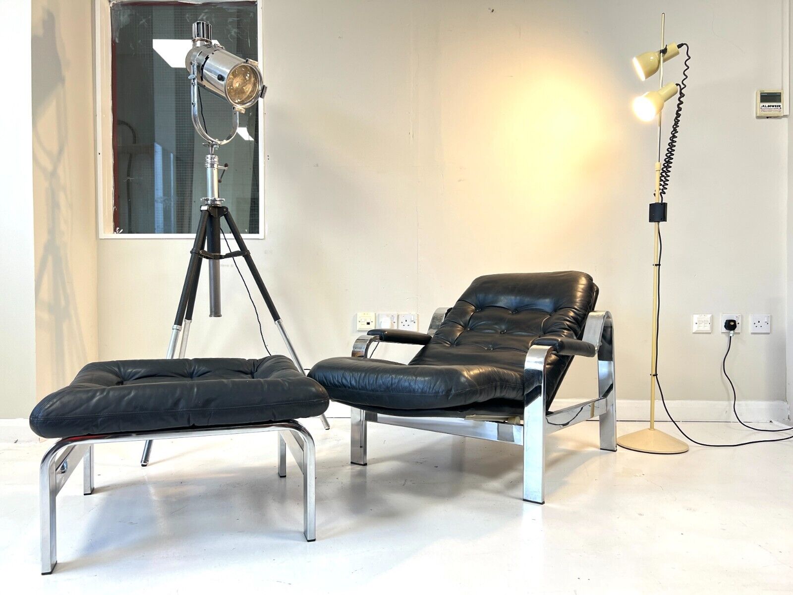 Knoll / Selig, Leather & Chrome Reclining Lounge Chair & Stool