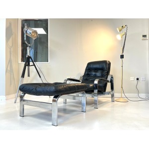 Knoll / Selig, Leather & Chrome Reclining Lounge Chair & Stool