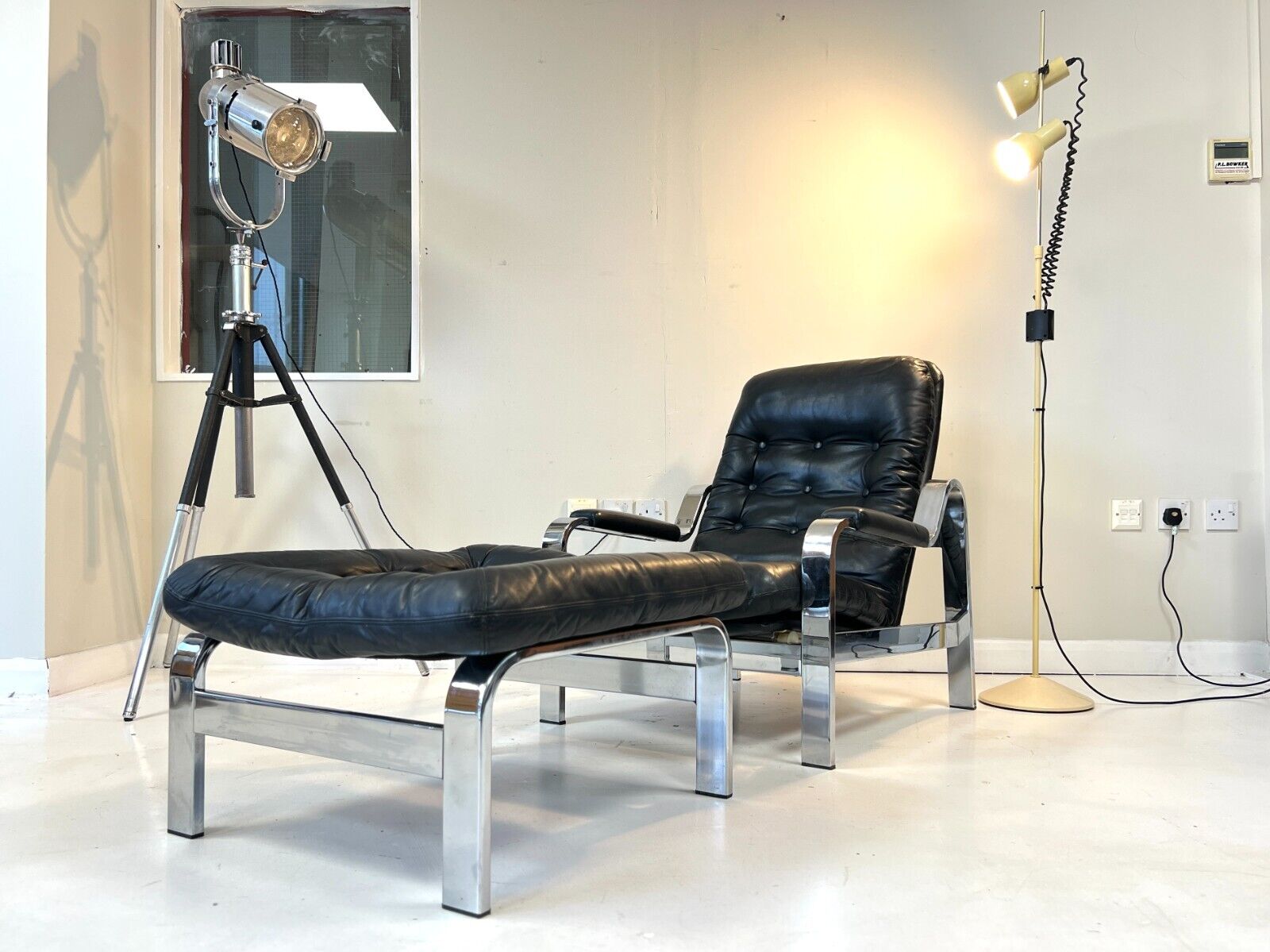 Knoll / Selig, Leather & Chrome Reclining Lounge Chair & Stool