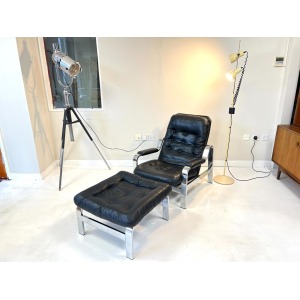 Knoll / Selig, Leather & Chrome Reclining Lounge Chair & Stool
