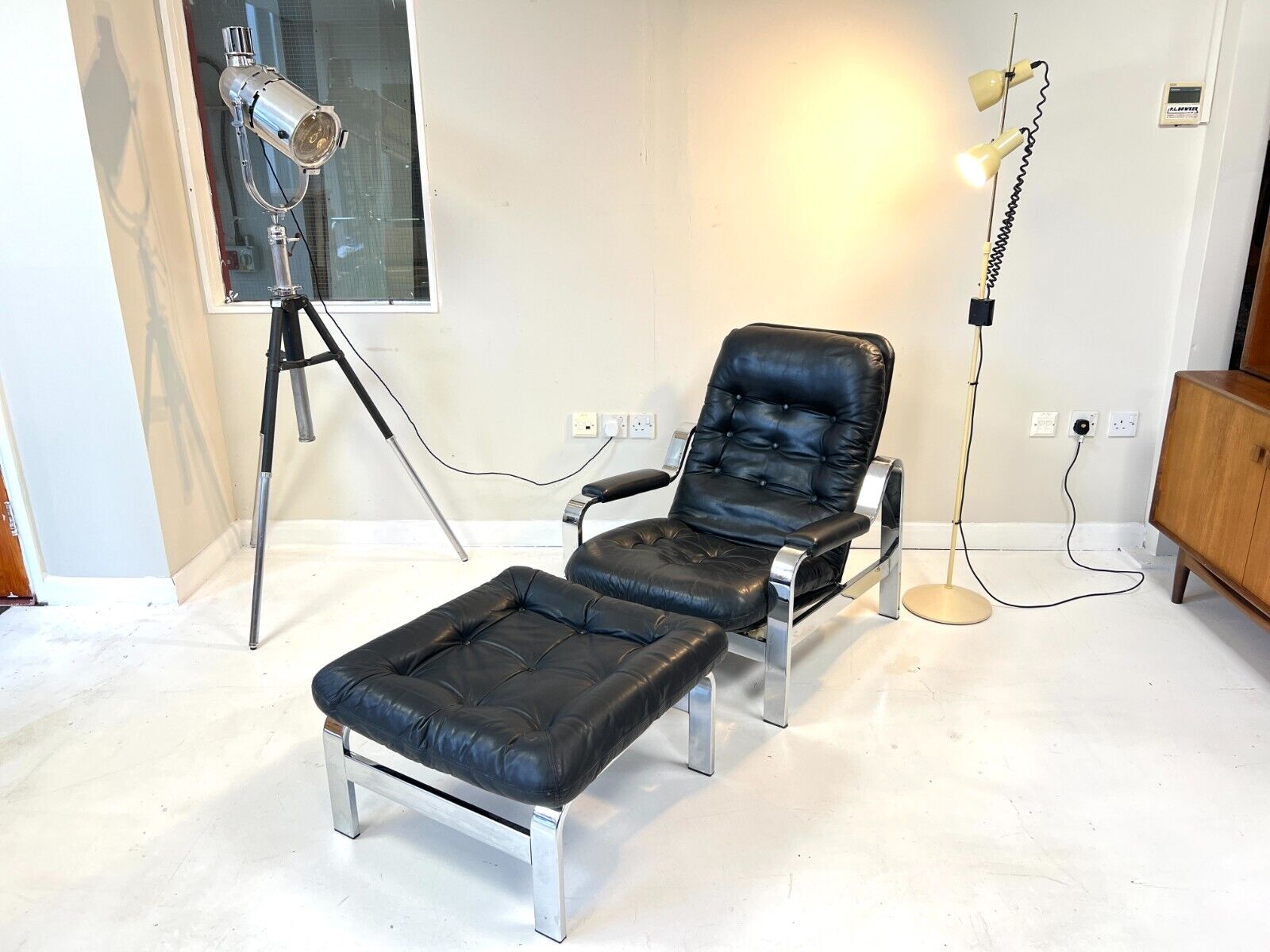 Knoll / Selig, Leather & Chrome Reclining Lounge Chair & Stool