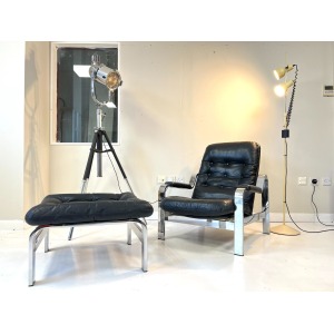 Knoll / Selig, Leather & Chrome Reclining Lounge Chair & Stool