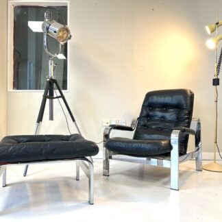 Knoll / Selig, Leather & Chrome Reclining Lounge Chair & Stool