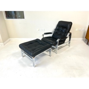 Knoll / Selig, Leather & Chrome Reclining Lounge Chair & Stool
