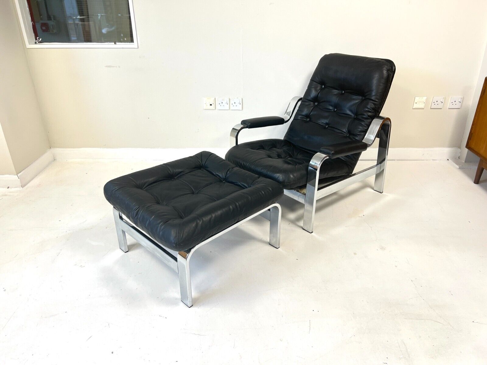 Knoll / Selig, Leather & Chrome Reclining Lounge Chair & Stool