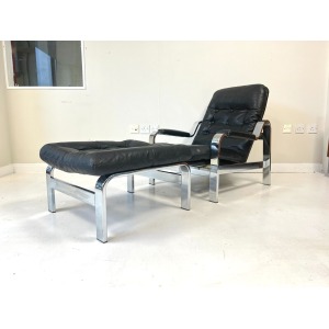Knoll / Selig, Leather & Chrome Reclining Lounge Chair & Stool