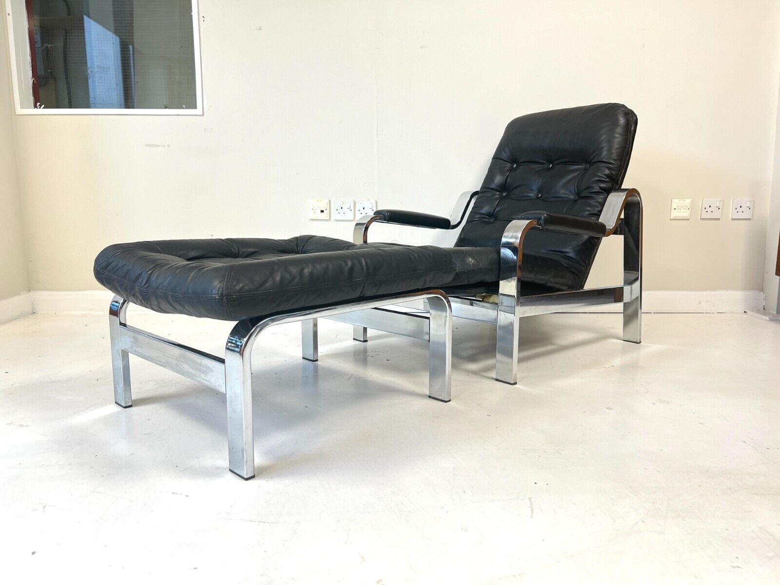 Knoll / Selig, Leather & Chrome Reclining Lounge Chair & Stool