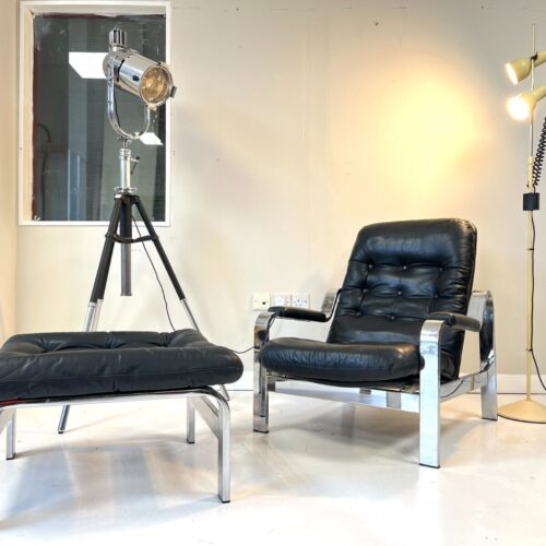 Knoll / Selig, Leather & Chrome Reclining Lounge Chair & Stool