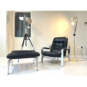 Knoll / Selig, Leather & Chrome Reclining Lounge Chair & Stool