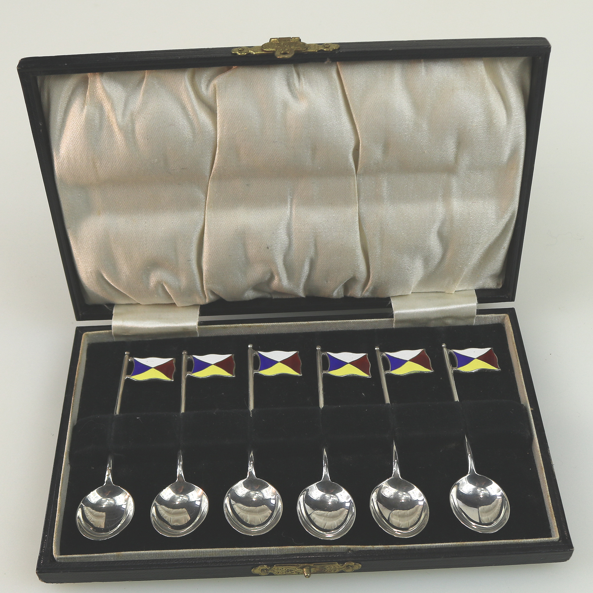 Set rare novelty silver & enamel coffee spoons Ocean Liner Maritime flags C.1928