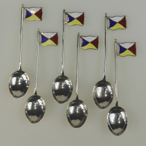 Set rare novelty silver & enamel coffee spoons Ocean Liner Maritime flags C.1928