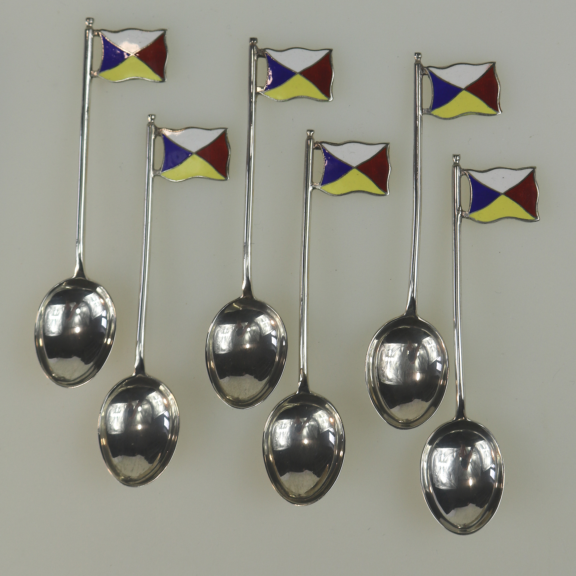Set rare novelty silver & enamel coffee spoons Ocean Liner Maritime flags C.1928