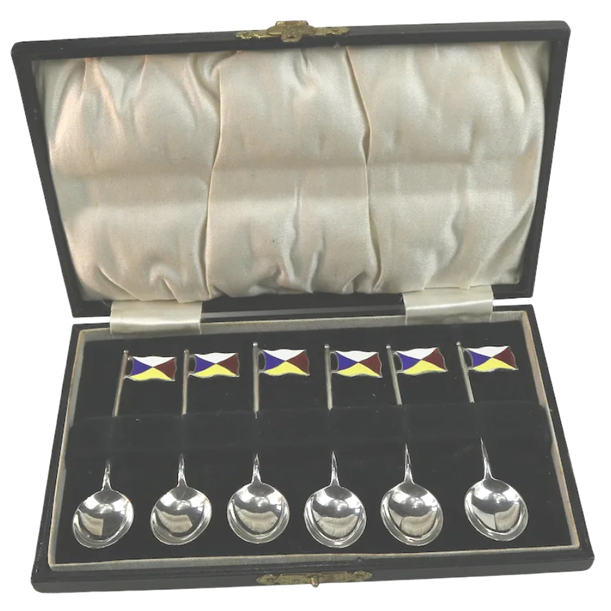 Set rare novelty silver & enamel coffee spoons Ocean Liner Maritime flags C.1928