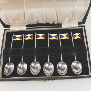 Set rare novelty silver & enamel coffee spoons Ocean Liner Maritime flags C.1928