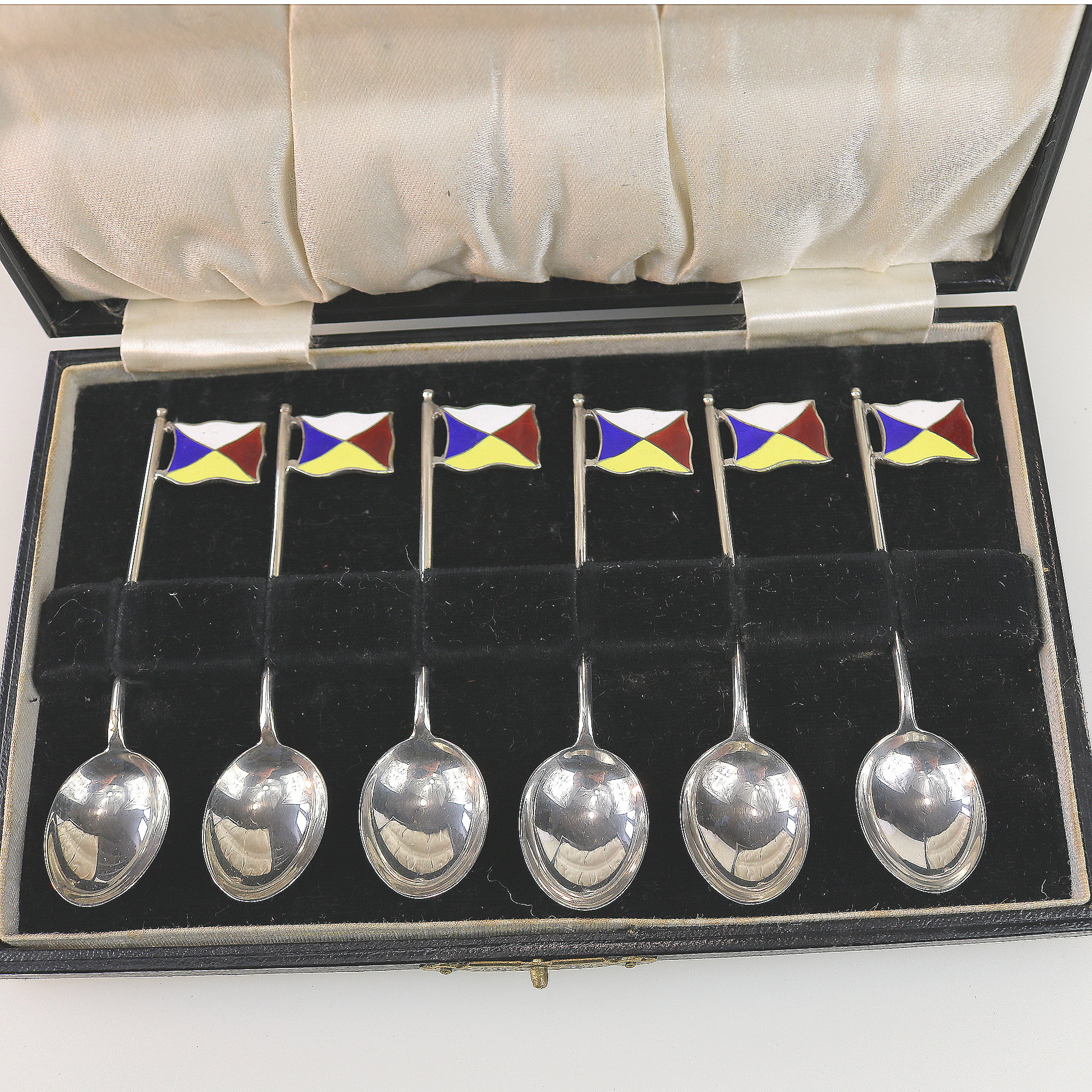 Set rare novelty silver & enamel coffee spoons Ocean Liner Maritime flags C.1928