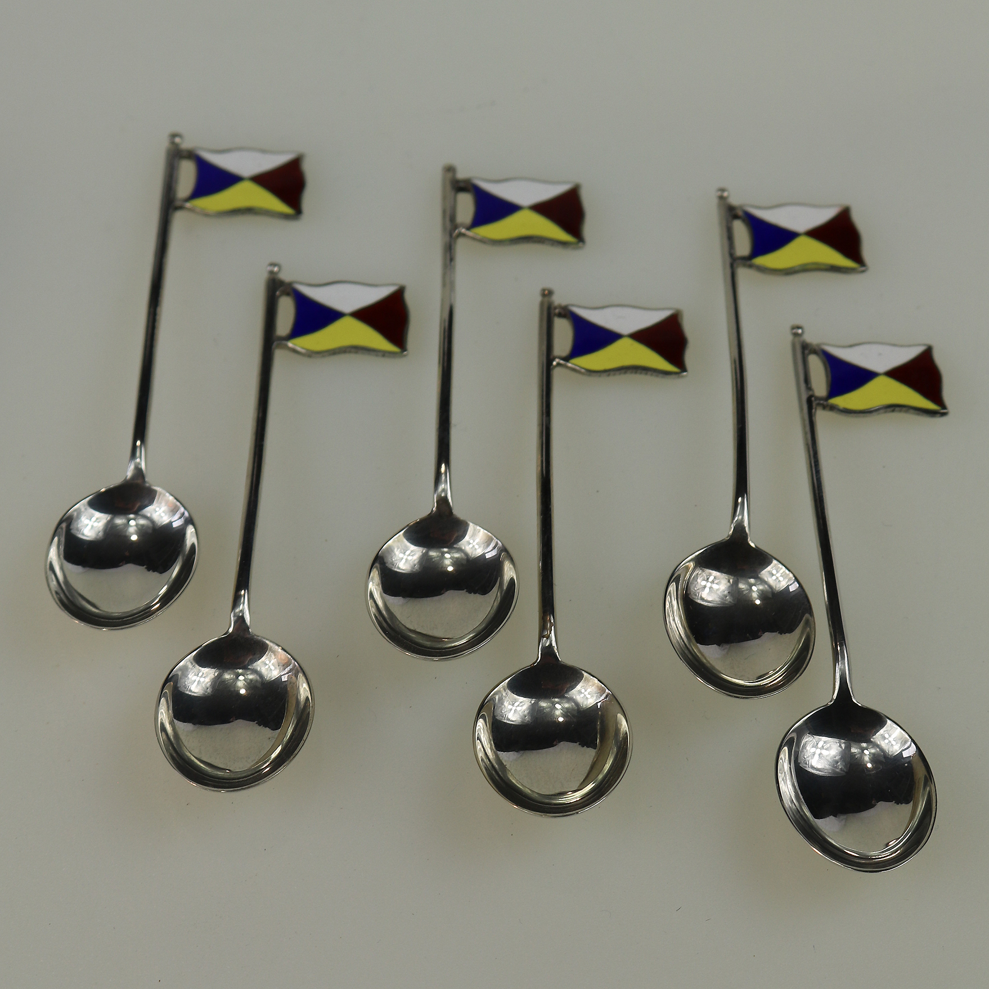 Set rare novelty silver & enamel coffee spoons Ocean Liner Maritime flags C.1928