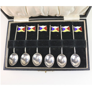 Set rare novelty silver & enamel coffee spoons Ocean Liner Maritime flags C.1928