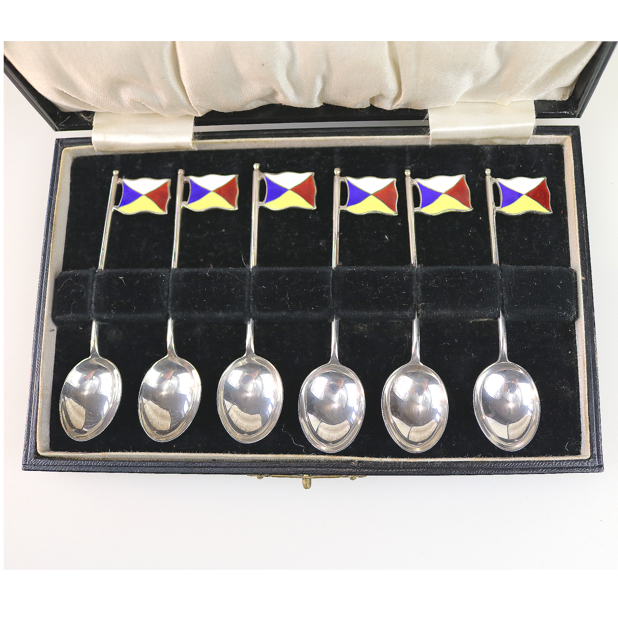 Set rare novelty silver & enamel coffee spoons Ocean Liner Maritime flags C.1928