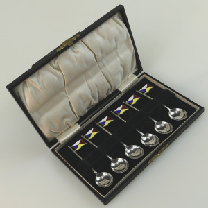 Set rare novelty silver & enamel coffee spoons Ocean Liner Maritime flags C.1928