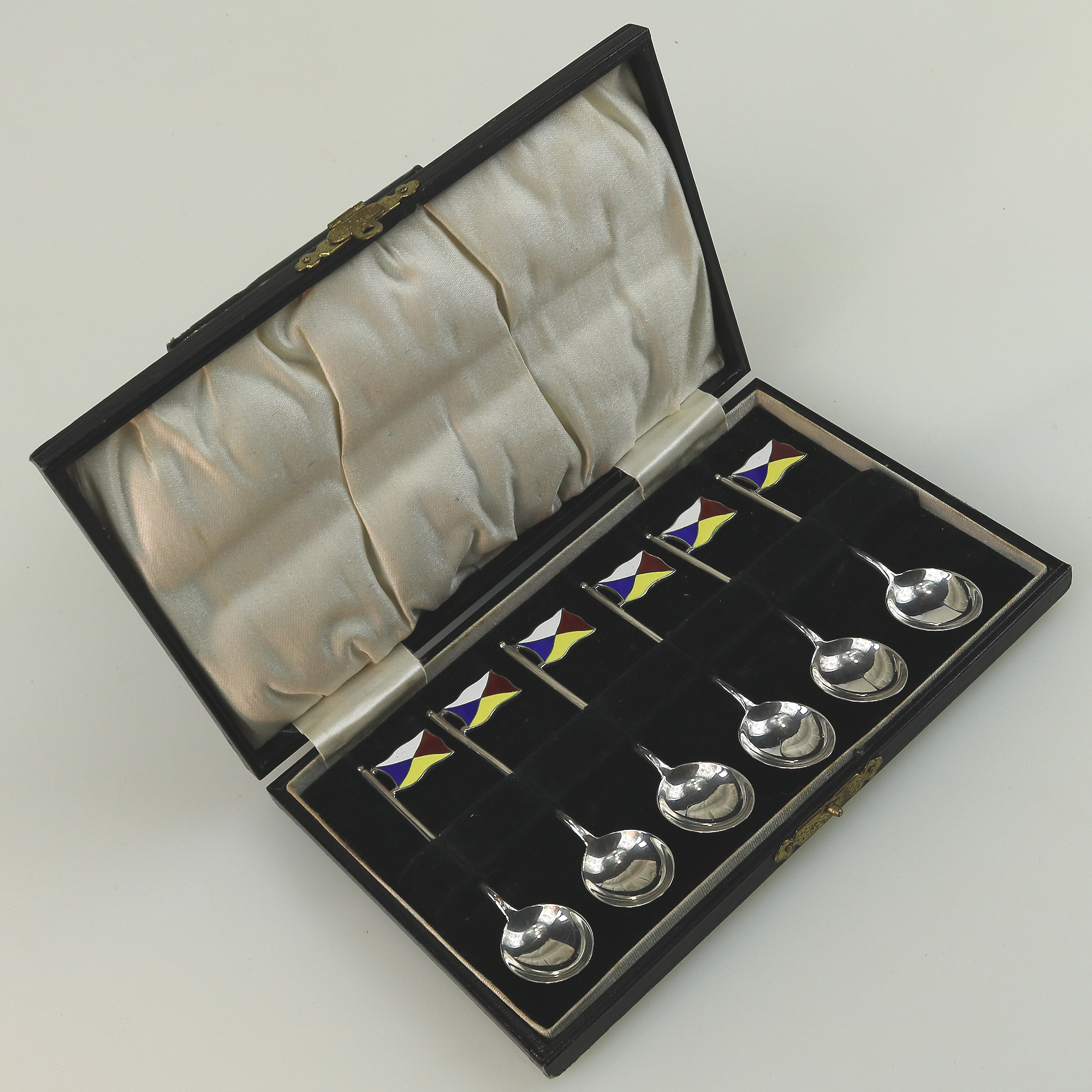 Set rare novelty silver & enamel coffee spoons Ocean Liner Maritime flags C.1928