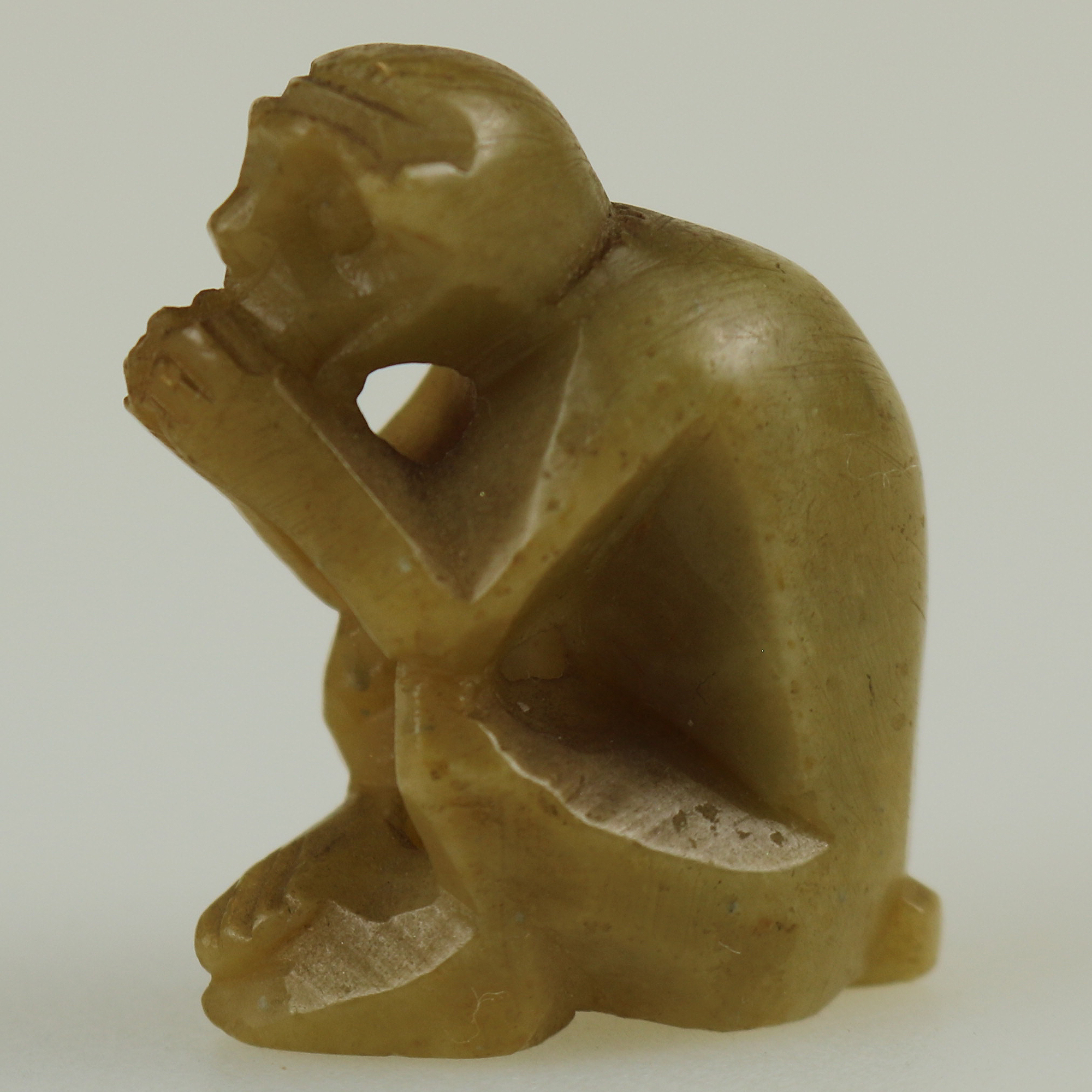 Charming antique hand carved hardstone nephrite cold monkey Netsuke C.19th/20thC