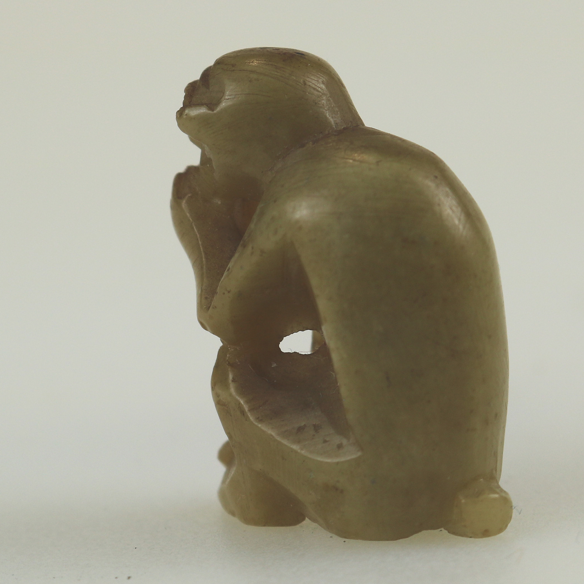 Charming antique hand carved hardstone nephrite cold monkey Netsuke C.19th/20thC