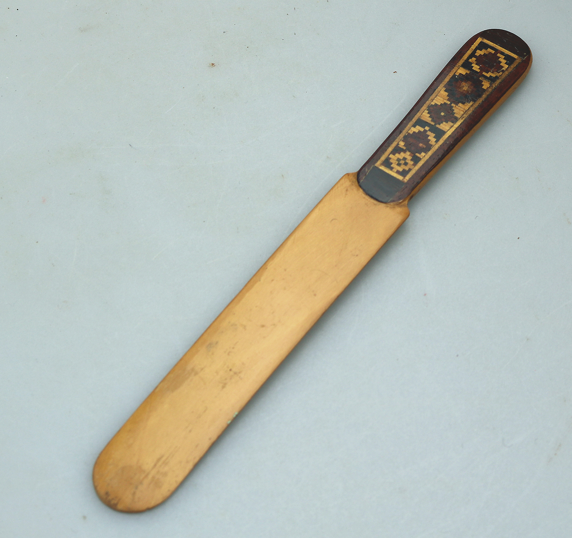 An antique Victorian Treen inlaid wood Tunbridge Ware Paper Splitter C.19thC