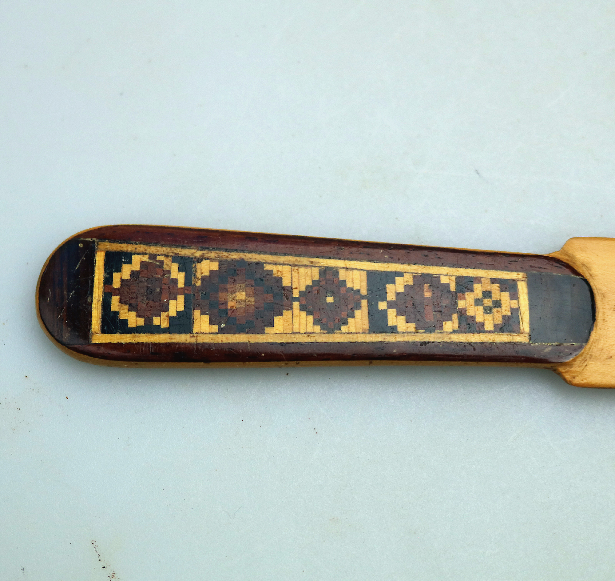 An antique Victorian Treen inlaid wood Tunbridge Ware Paper Splitter C.19thC