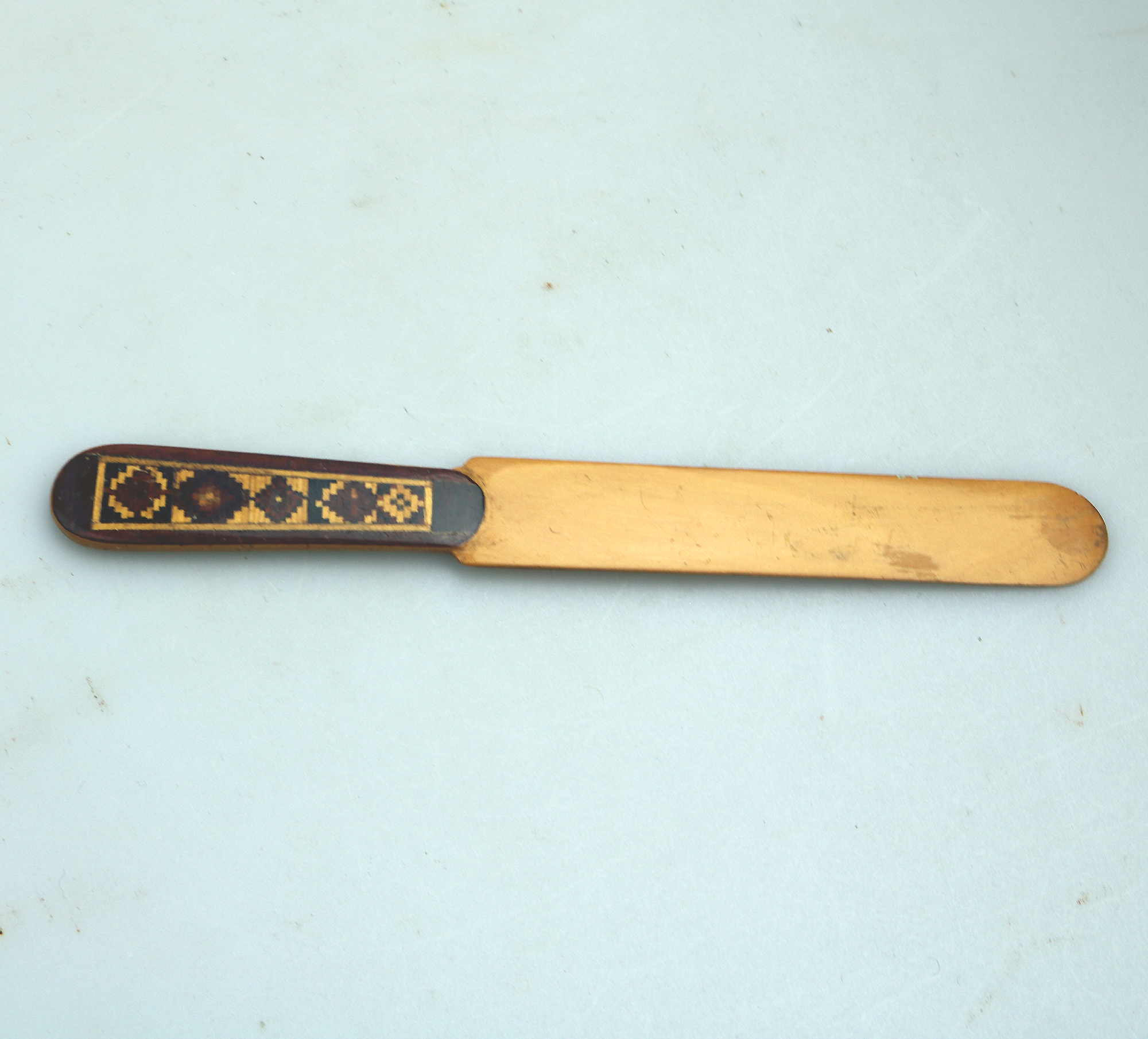 An antique Victorian Treen inlaid wood Tunbridge Ware Paper Splitter C.19thC