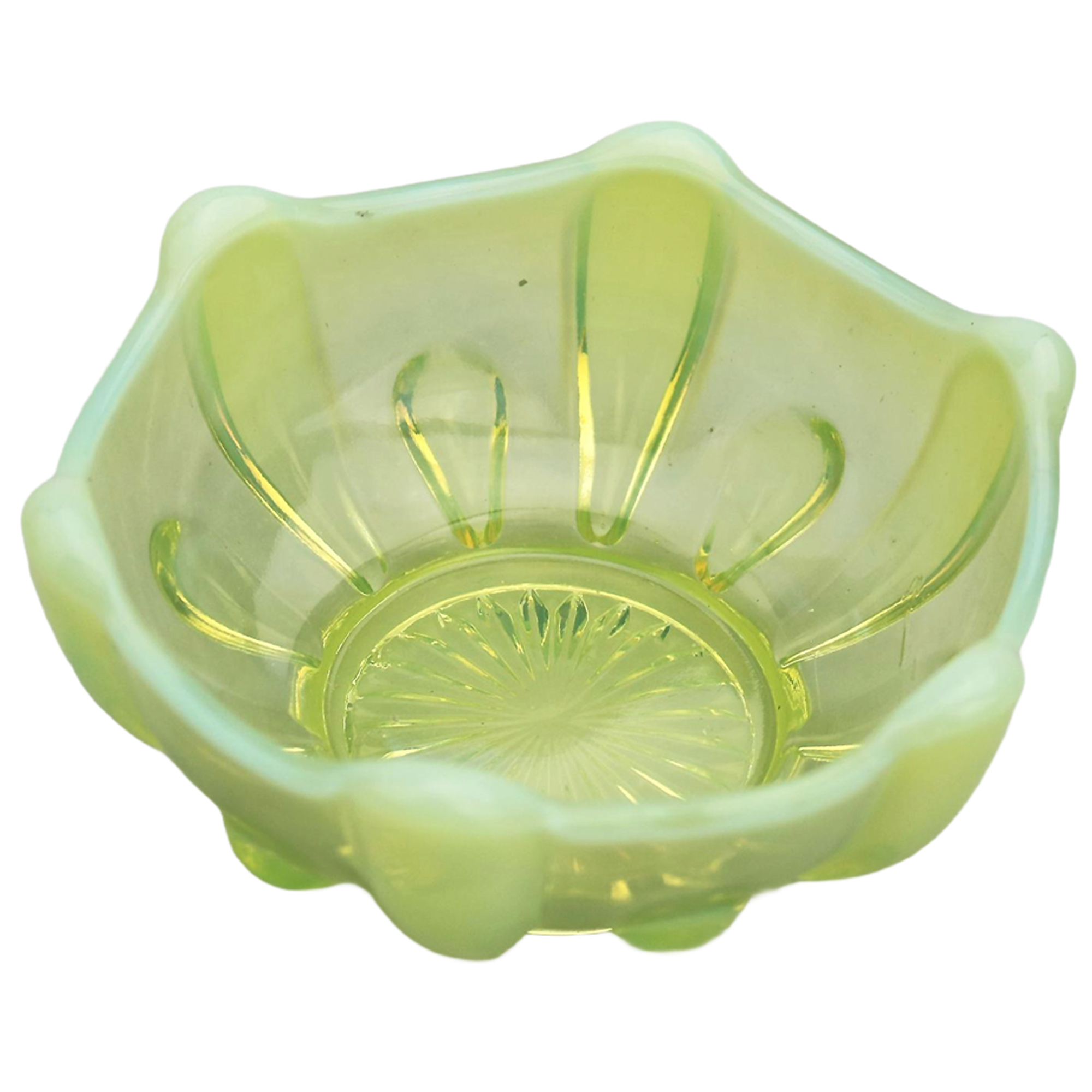 An antique Uranium Pearline Vaseline pressed Art Glass Dish C.19th/ early 20thC