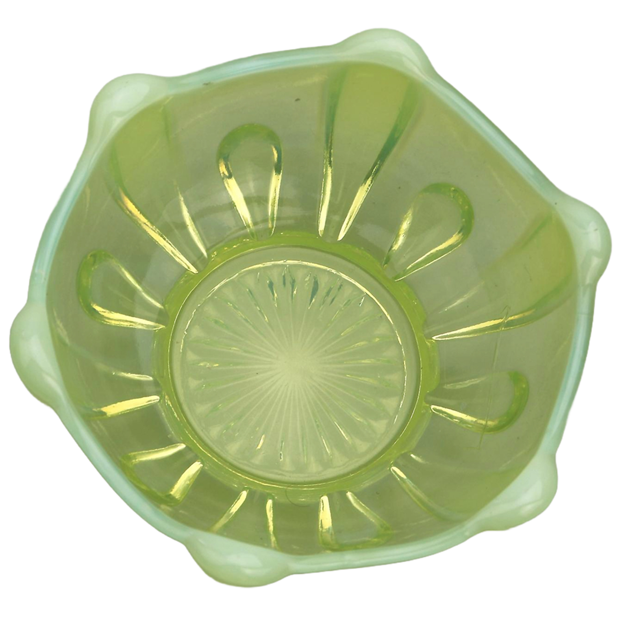 An antique Uranium Pearline Vaseline pressed Art Glass Dish C.19th/ early 20thC