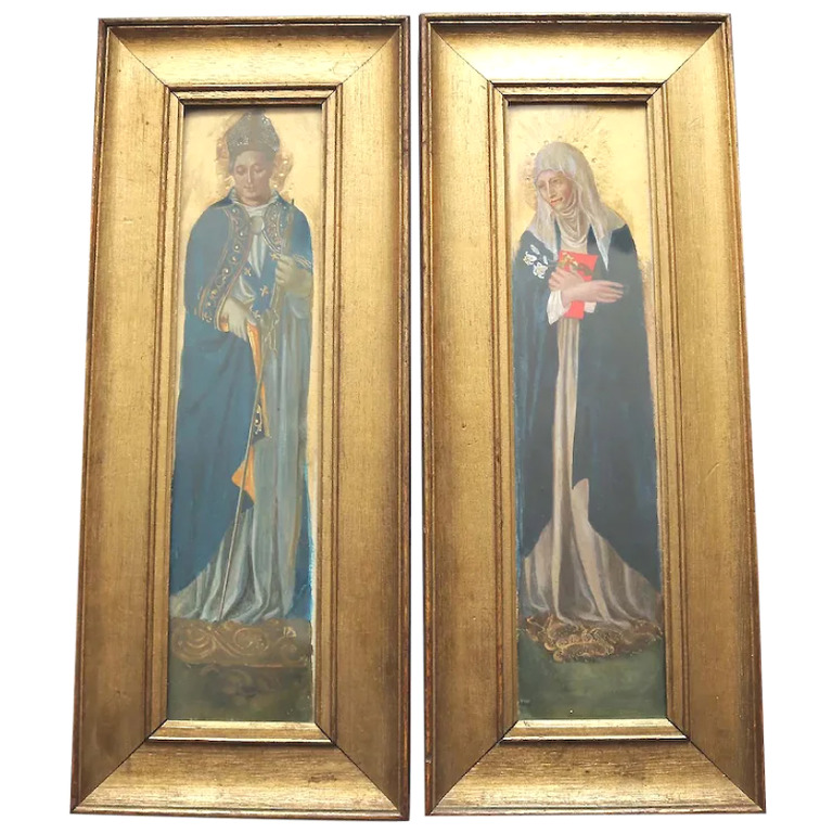 A wonderful & highly unusual pair antique gouache paintings of Saints C.19thC
