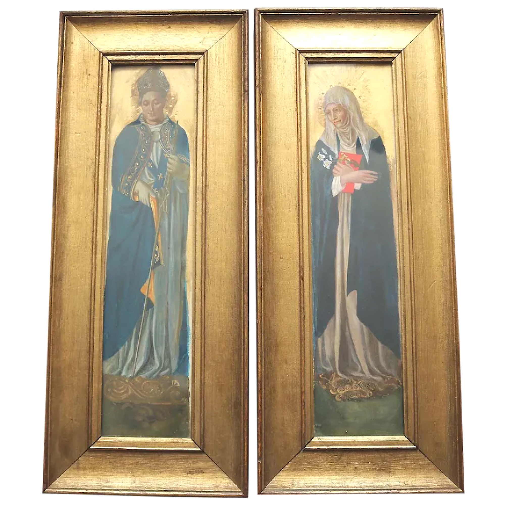 A wonderful & highly unusual pair antique gouache paintings of Saints C.19thC
