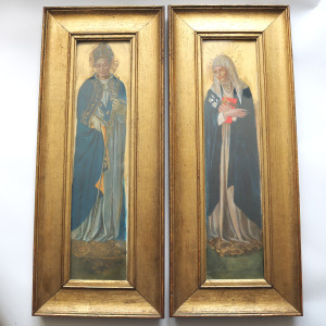 A wonderful & highly unusual pair antique gouache paintings of Saints C.19thC