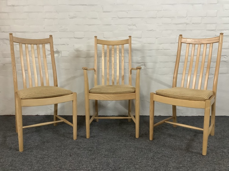 Set Of Three Ercol Penn Dining Chairs In Light Ash.