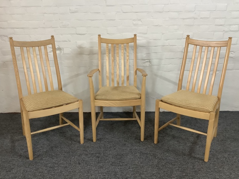 Set Of Three Ercol Penn Dining Chairs In Light Ash.