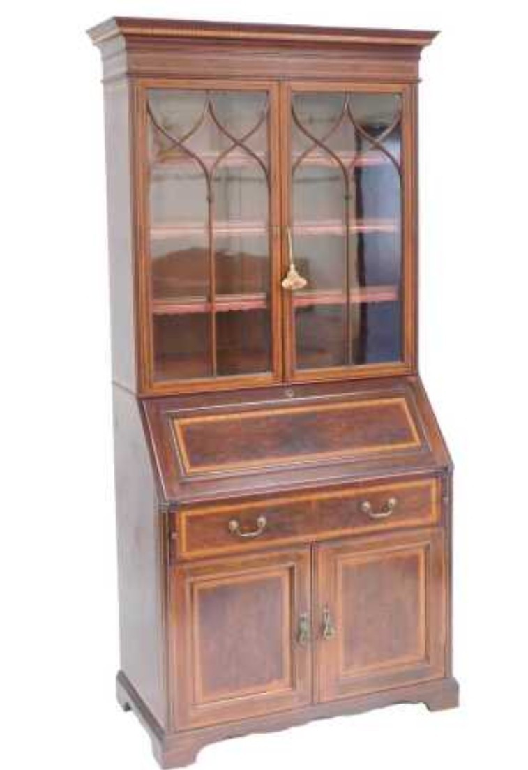 Sheraton Revival Edwardian Mahogany Bureau Bookcase