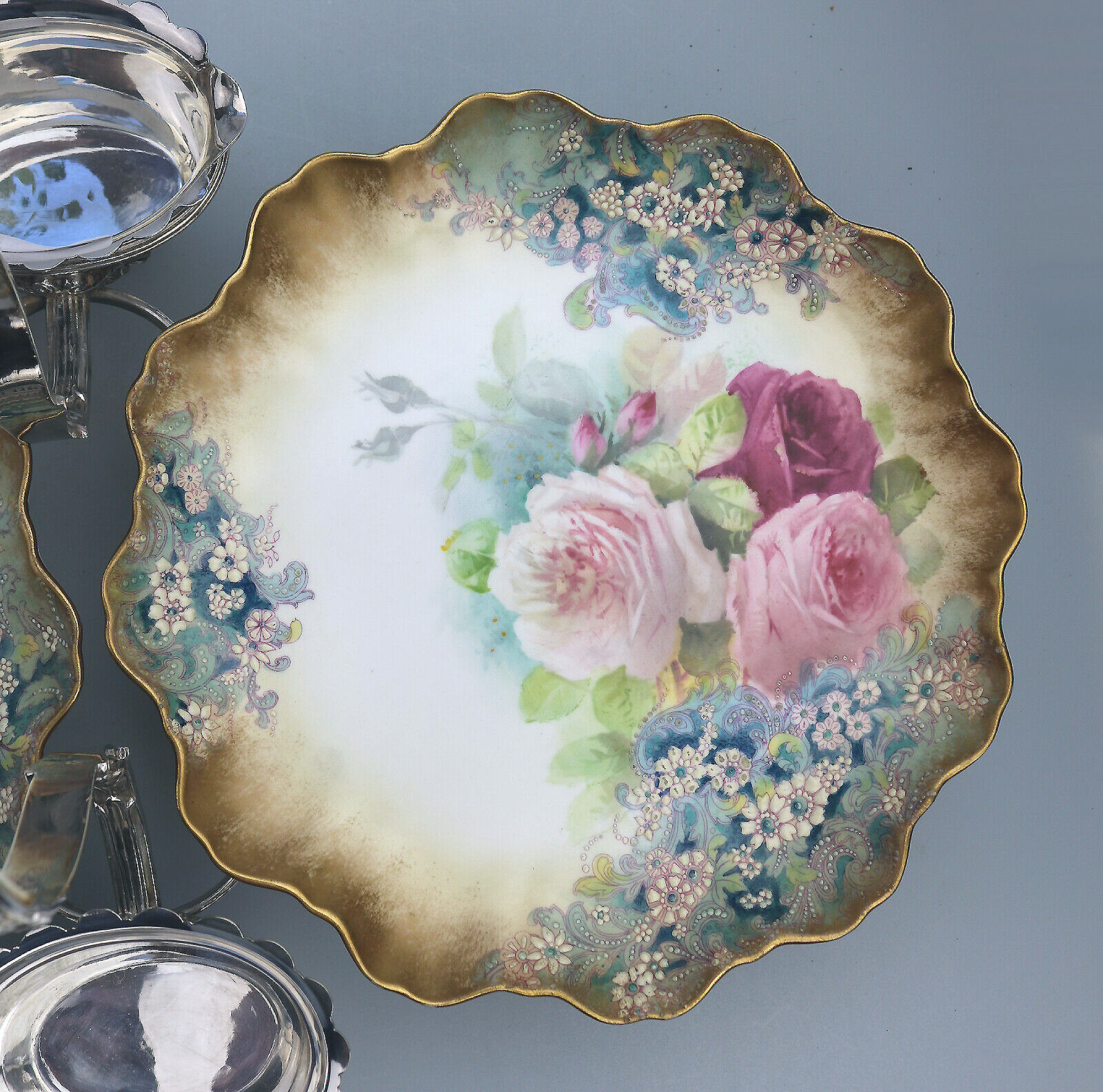 An exceptional & scarce antique Royal Doulton porcelain & Walker & Hall Strawberry Dessert Stand C.1887