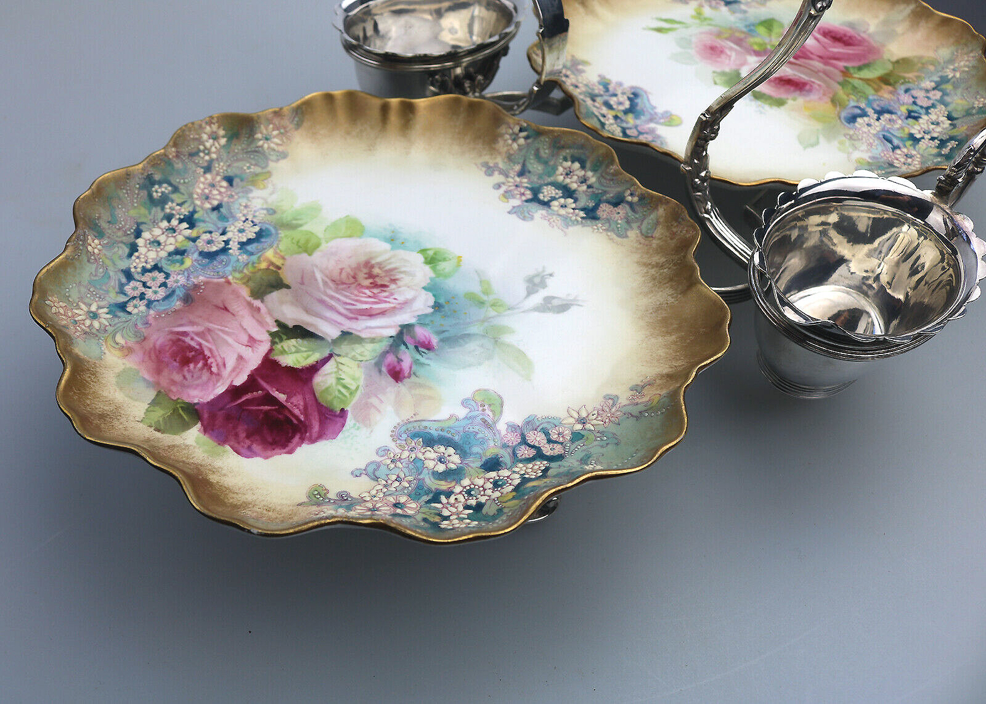 An exceptional & scarce antique Royal Doulton porcelain & Walker & Hall Strawberry Dessert Stand C.1887
